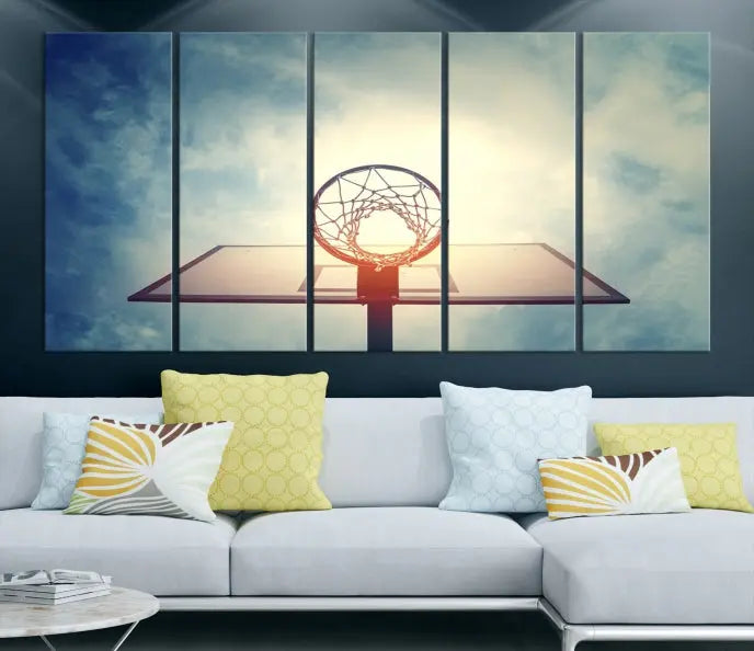 A triptych wall art titled "Basketball Hoop Wall Art Canvas Print | Sport Wall Art" features a basketball hoop set against a cloudy sky. It is printed on museum-quality canvas with gallery wrapping.