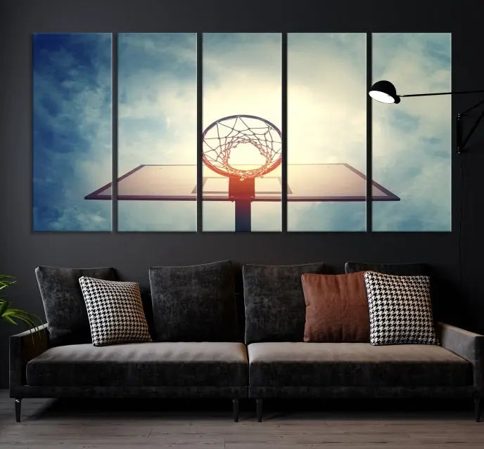 A triptych wall art titled "Basketball Hoop Wall Art Canvas Print | Sport Wall Art" features a basketball hoop set against a cloudy sky. It is printed on museum-quality canvas with gallery wrapping.