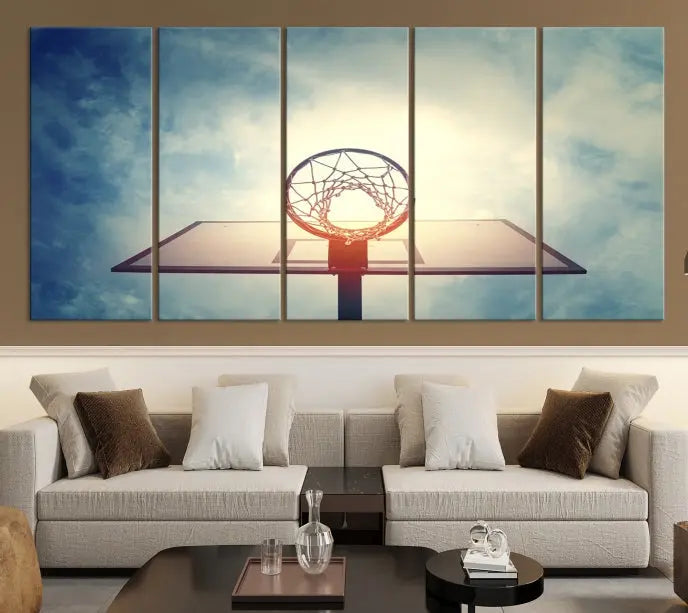 A triptych wall art titled "Basketball Hoop Wall Art Canvas Print | Sport Wall Art" features a basketball hoop set against a cloudy sky. It is printed on museum-quality canvas with gallery wrapping.