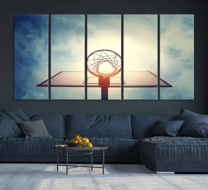 A triptych wall art titled "Basketball Hoop Wall Art Canvas Print | Sport Wall Art" features a basketball hoop set against a cloudy sky. It is printed on museum-quality canvas with gallery wrapping.