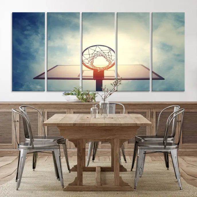 A triptych wall art titled "Basketball Hoop Wall Art Canvas Print | Sport Wall Art" features a basketball hoop set against a cloudy sky. It is printed on museum-quality canvas with gallery wrapping.