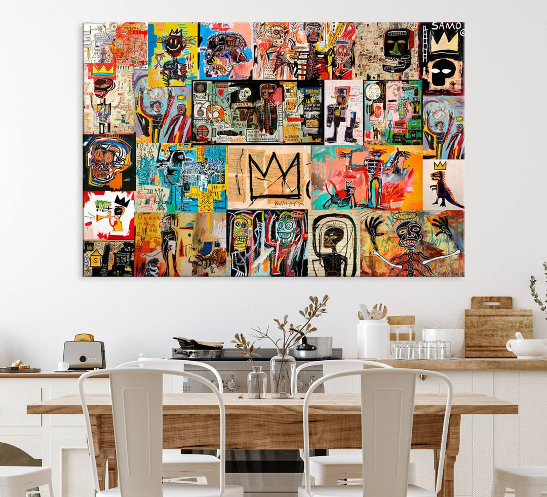 Basquiat Art Collage Wall Art Canvas Print – Framed, Ready to Hang, Urban Graffiti Style