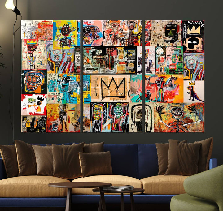 Basquiat Art Collage Wall Art Canvas Print – Framed, Ready to Hang, Urban Graffiti Style