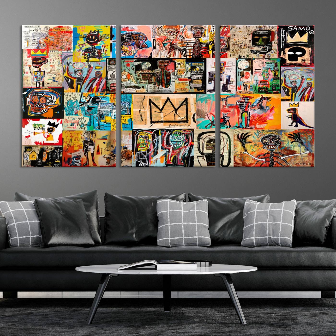 69394-MGV-CV-36X24-Basquiat Art Collage Wall Art Canvas Print – Framed, Ready to Hang, Urban Graffiti Style