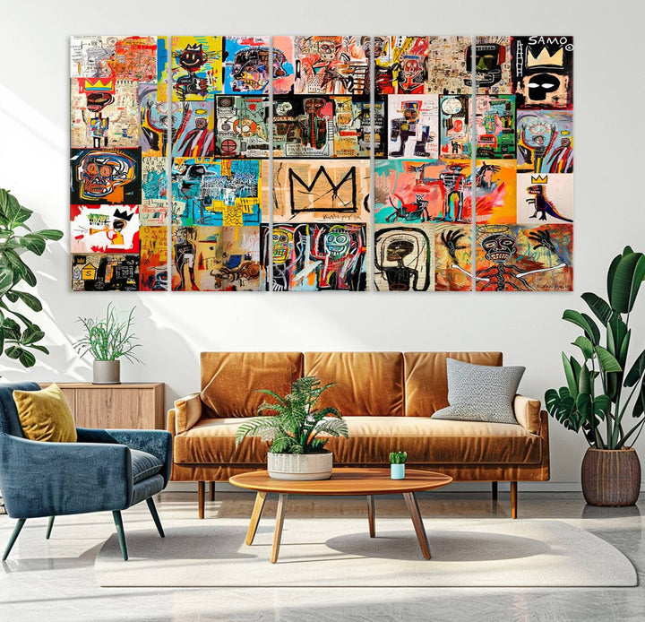 69394-MGV-CV-36X24-Basquiat Art Collage Wall Art Canvas Print – Framed, Ready to Hang, Urban Graffiti Style