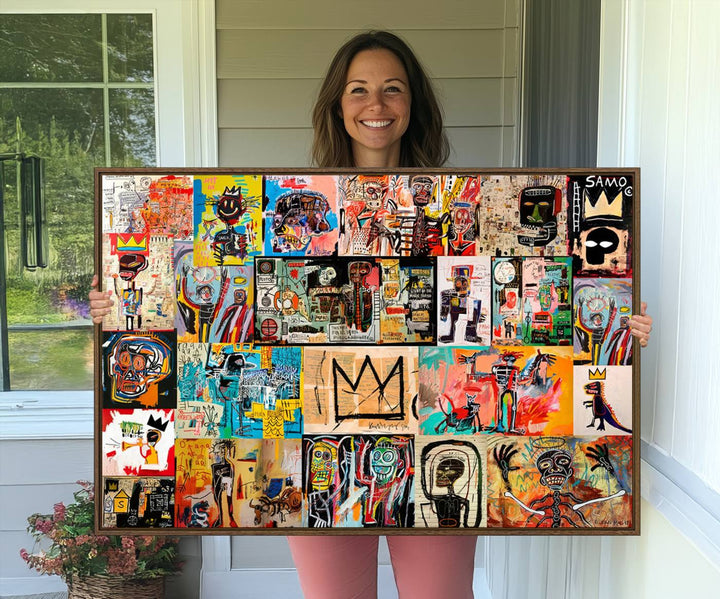 69394-MGV-CV-36X24-Basquiat Art Collage Wall Art Canvas Print – Framed, Ready to Hang, Urban Graffiti Style