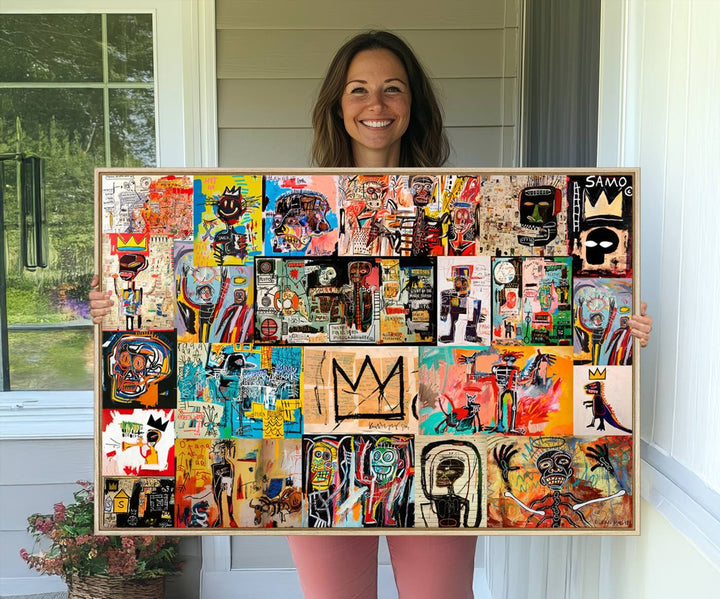 69394-MGV-CV-36X24-Basquiat Art Collage Wall Art Canvas Print – Framed, Ready to Hang, Urban Graffiti Style