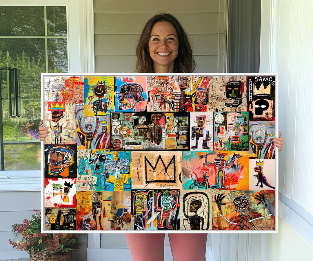 69394-MGV-CV-36X24-Basquiat Art Collage Wall Art Canvas Print – Framed, Ready to Hang, Urban Graffiti Style