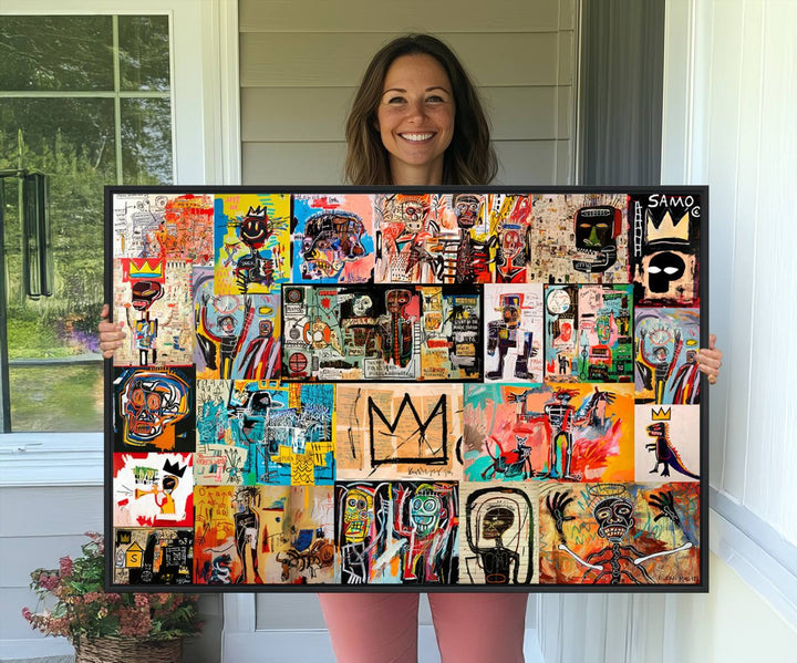 69394-MGV-CV-36X24-Basquiat Art Collage Wall Art Canvas Print – Framed, Ready to Hang, Urban Graffiti Style