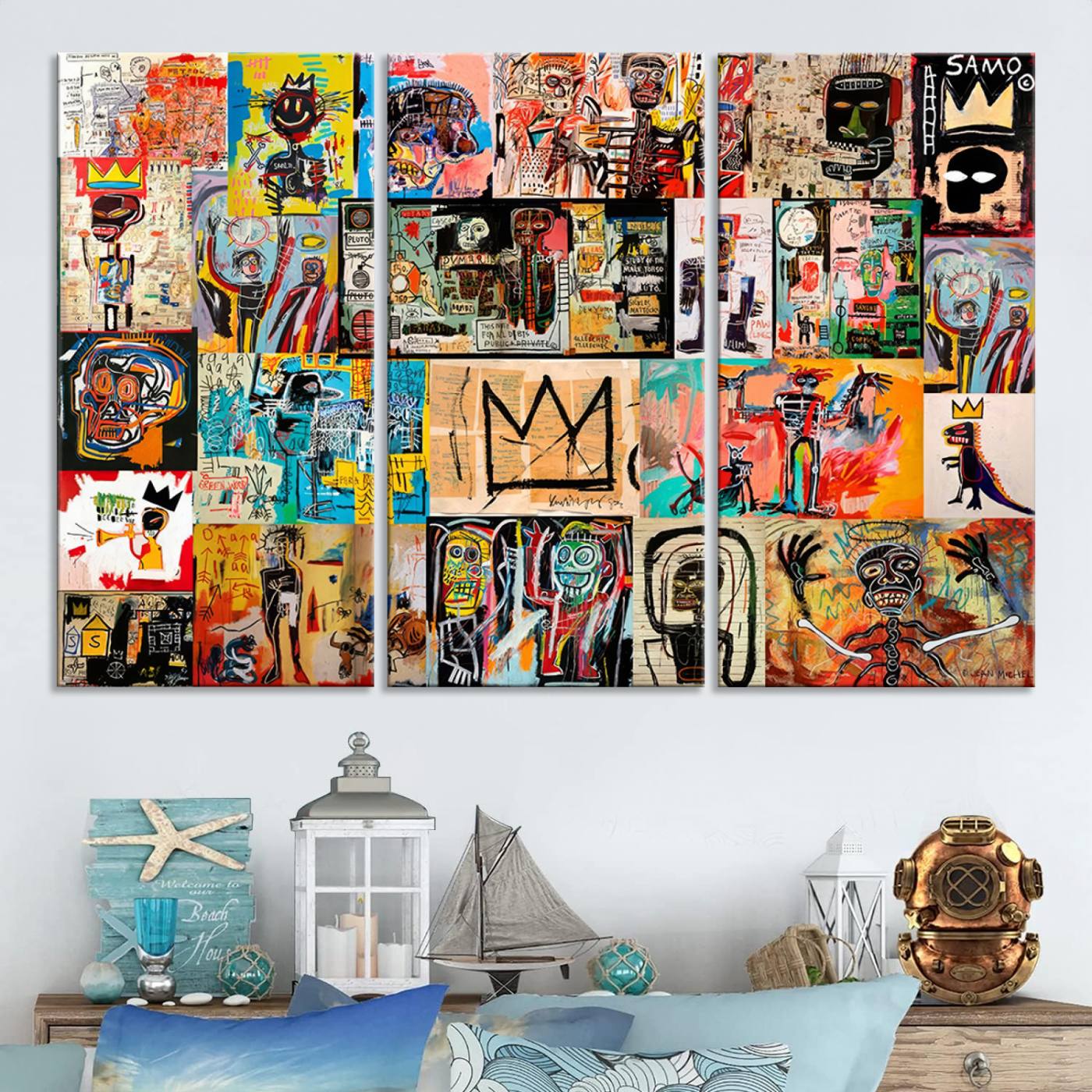 Basquiat Art Collage Wall Art Canvas Print – Framed, Ready to Hang, Urban Graffiti Style