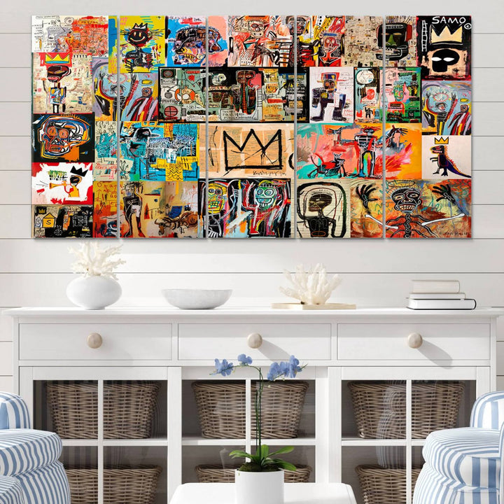 69394-MGV-CV-60X31-5P-Basquiat Art Collage Wall Art Canvas Print – Framed, Ready to Hang, Urban Graffiti Style