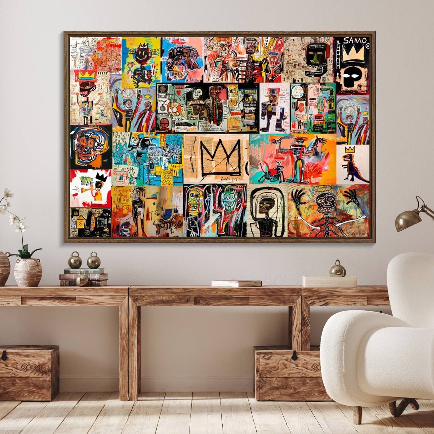 69394-MGV-FC-36X24_Walnut-Basquiat Art Collage Wall Art Canvas Print – Framed, Ready to Hang, Urban Graffiti Style