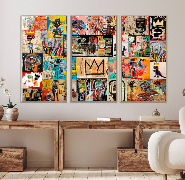 69394-MGV-FC-48X32-3P_Natural-Basquiat Art Collage Wall Art Canvas Print – Framed, Ready to Hang, Urban Graffiti Style