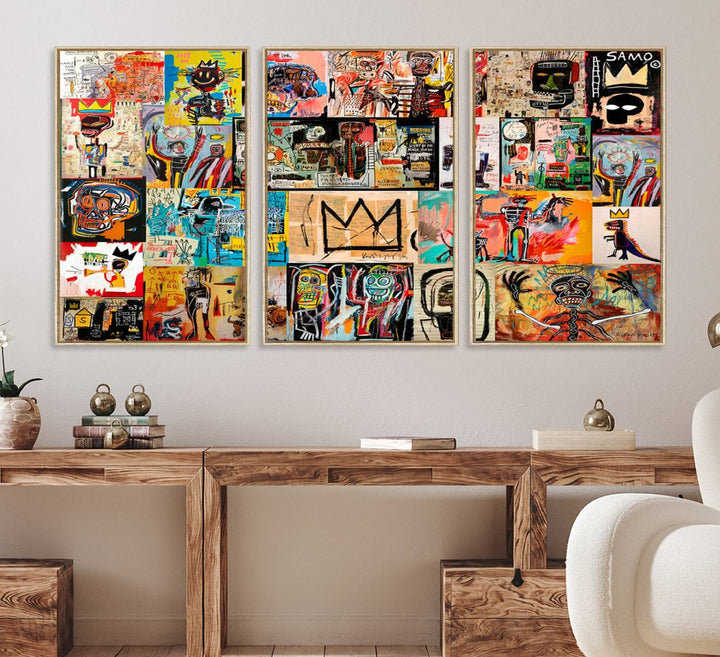 69394-MGV-FC-60X30-3P_Natural-Basquiat Art Collage Wall Art Canvas Print – Framed, Ready to Hang, Urban Graffiti Style