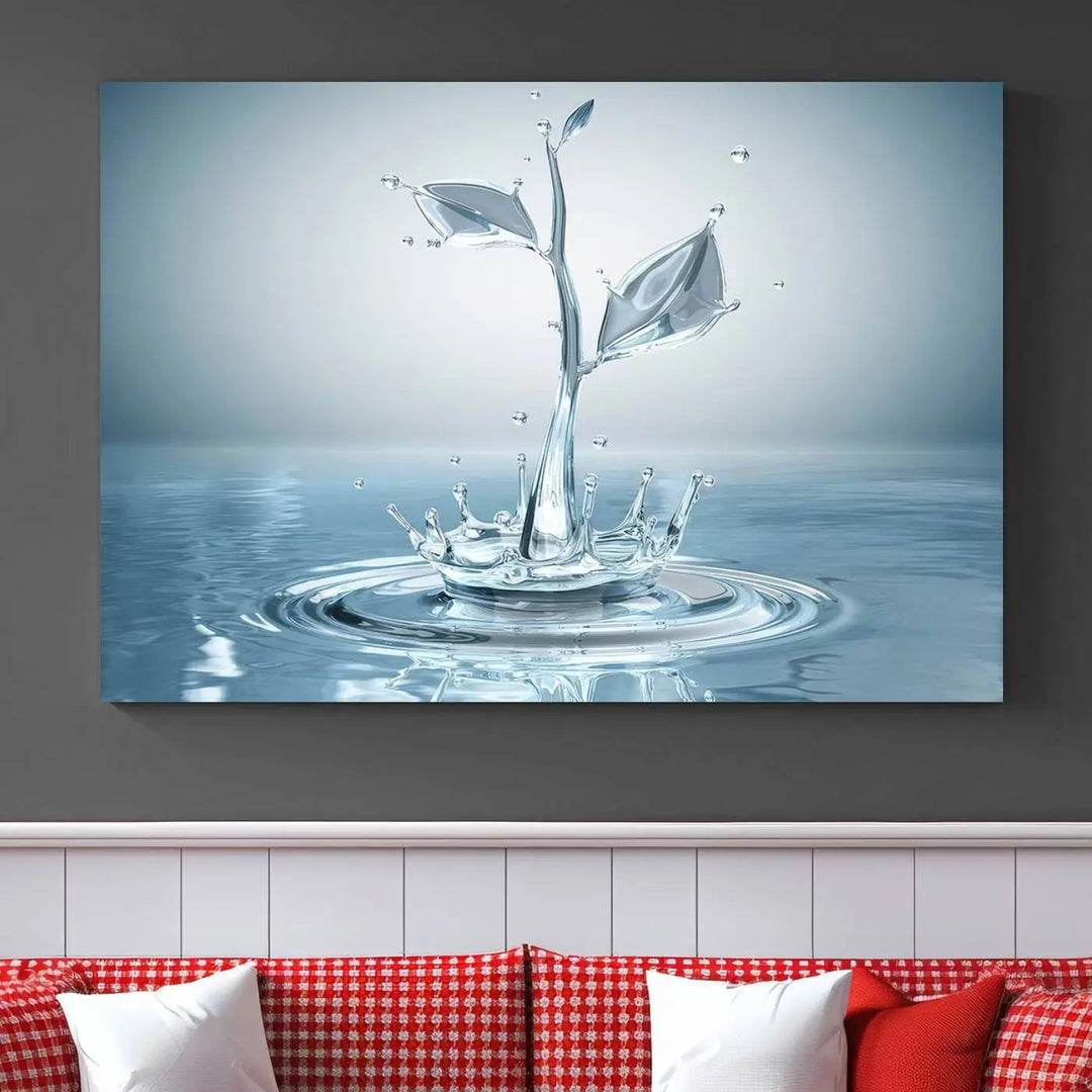 The living room features a three-panel wall art titled "Bathroom Wall Art Blue Leaf Canvas," showcasing water splash shapes that form plant-like designs on gallery-wrapped, museum-quality canvas.