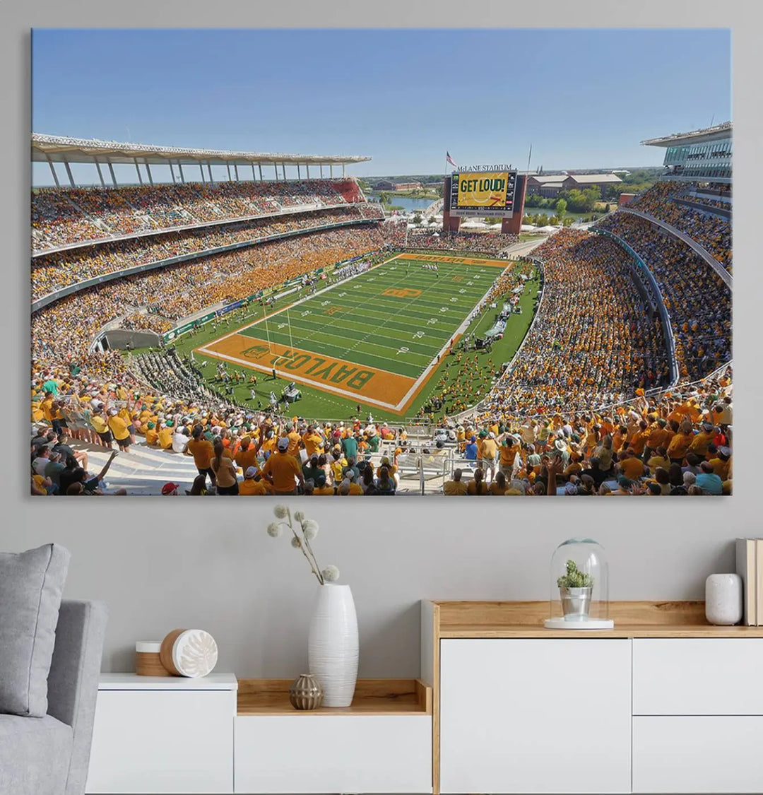 Admire the Baylor University Bears Football Team Print, a wall art canvas that captures the packed crowd and vibrant atmosphere of a football game at Waco McLane Stadium. The image is brought to life through high-resolution printing.