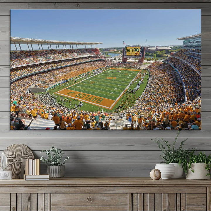 Admire the Baylor University Bears Football Team Print, a wall art canvas that captures the packed crowd and vibrant atmosphere of a football game at Waco McLane Stadium. The image is brought to life through high-resolution printing.