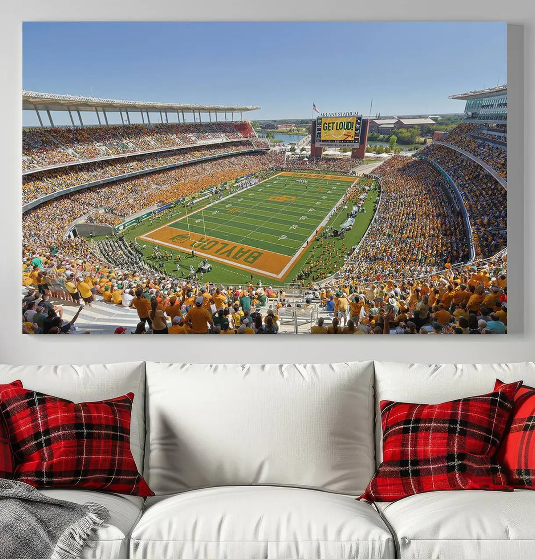 Admire the Baylor University Bears Football Team Print, a wall art canvas that captures the packed crowd and vibrant atmosphere of a football game at Waco McLane Stadium. The image is brought to life through high-resolution printing.