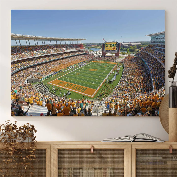 Admire the Baylor University Bears Football Team Print, a wall art canvas that captures the packed crowd and vibrant atmosphere of a football game at Waco McLane Stadium. The image is brought to life through high-resolution printing.