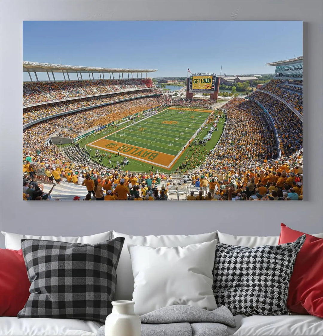 Admire the Baylor University Bears Football Team Print, a wall art canvas that captures the packed crowd and vibrant atmosphere of a football game at Waco McLane Stadium. The image is brought to life through high-resolution printing.