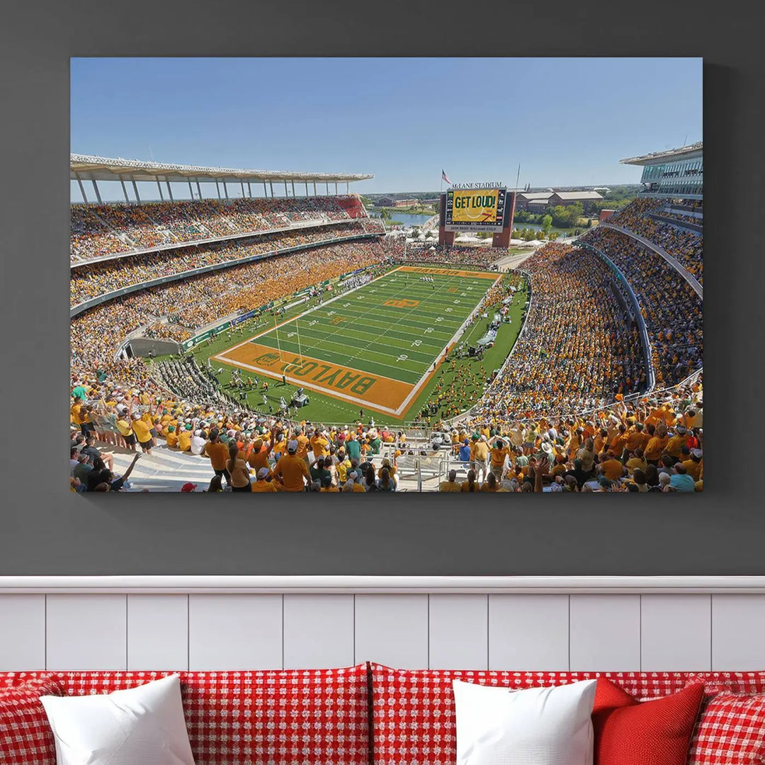 Admire the Baylor University Bears Football Team Print, a wall art canvas that captures the packed crowd and vibrant atmosphere of a football game at Waco McLane Stadium. The image is brought to life through high-resolution printing.