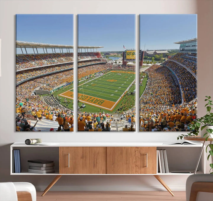 Admire the Baylor University Bears Football Team Print, a wall art canvas that captures the packed crowd and vibrant atmosphere of a football game at Waco McLane Stadium. The image is brought to life through high-resolution printing.