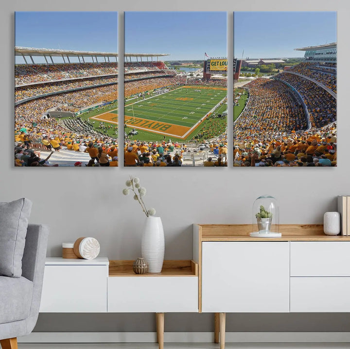 Admire the Baylor University Bears Football Team Print, a wall art canvas that captures the packed crowd and vibrant atmosphere of a football game at Waco McLane Stadium. The image is brought to life through high-resolution printing.