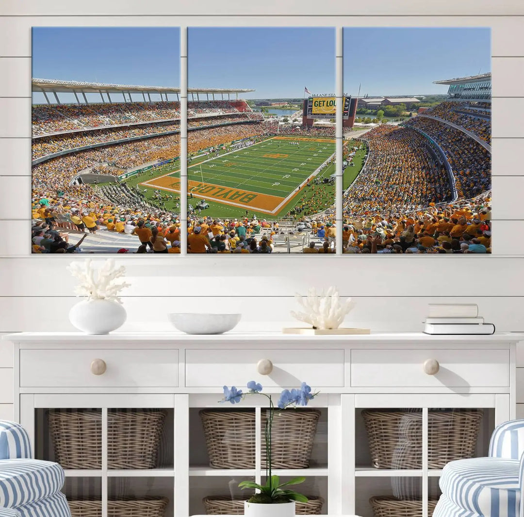 Admire the Baylor University Bears Football Team Print, a wall art canvas that captures the packed crowd and vibrant atmosphere of a football game at Waco McLane Stadium. The image is brought to life through high-resolution printing.