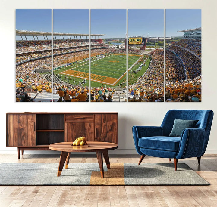 Admire the Baylor University Bears Football Team Print, a wall art canvas that captures the packed crowd and vibrant atmosphere of a football game at Waco McLane Stadium. The image is brought to life through high-resolution printing.