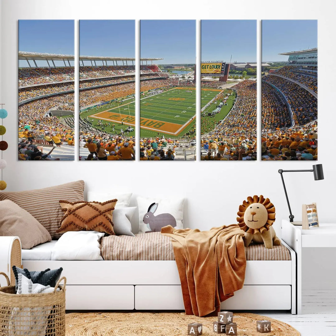 Admire the Baylor University Bears Football Team Print, a wall art canvas that captures the packed crowd and vibrant atmosphere of a football game at Waco McLane Stadium. The image is brought to life through high-resolution printing.