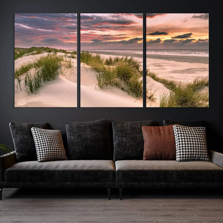 Reimagine your space with the Beach Canvas Print, a triptych featuring a serene beach sunset. Expertly crafted on museum-quality canvases, it delivers professional artistry to effortlessly transform your decor.