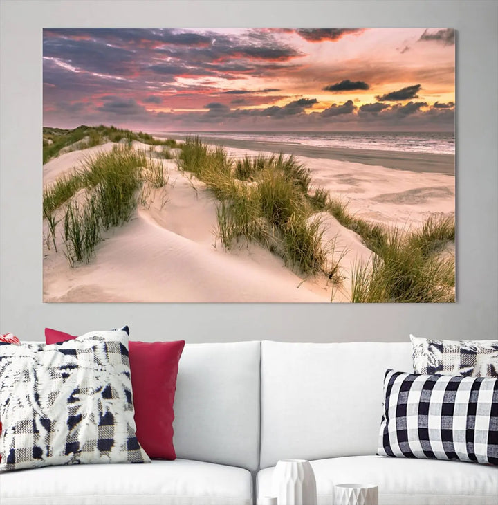 Reimagine your space with the Beach Canvas Print, a triptych featuring a serene beach sunset. Expertly crafted on museum-quality canvases, it delivers professional artistry to effortlessly transform your decor.