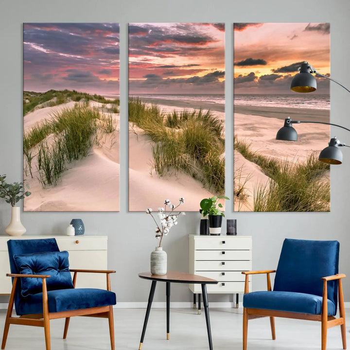 Reimagine your space with the Beach Canvas Print, a triptych featuring a serene beach sunset. Expertly crafted on museum-quality canvases, it delivers professional artistry to effortlessly transform your decor.