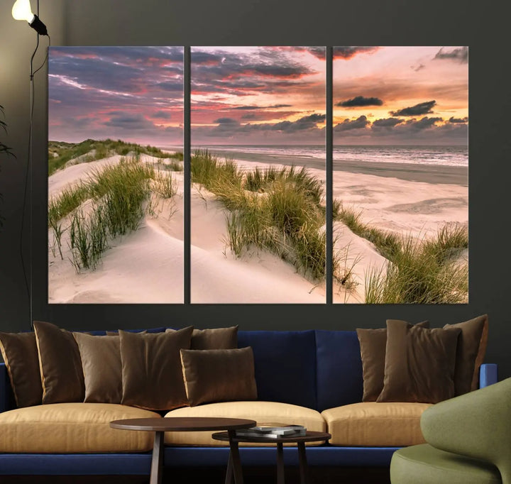 Reimagine your space with the Beach Canvas Print, a triptych featuring a serene beach sunset. Expertly crafted on museum-quality canvases, it delivers professional artistry to effortlessly transform your decor.