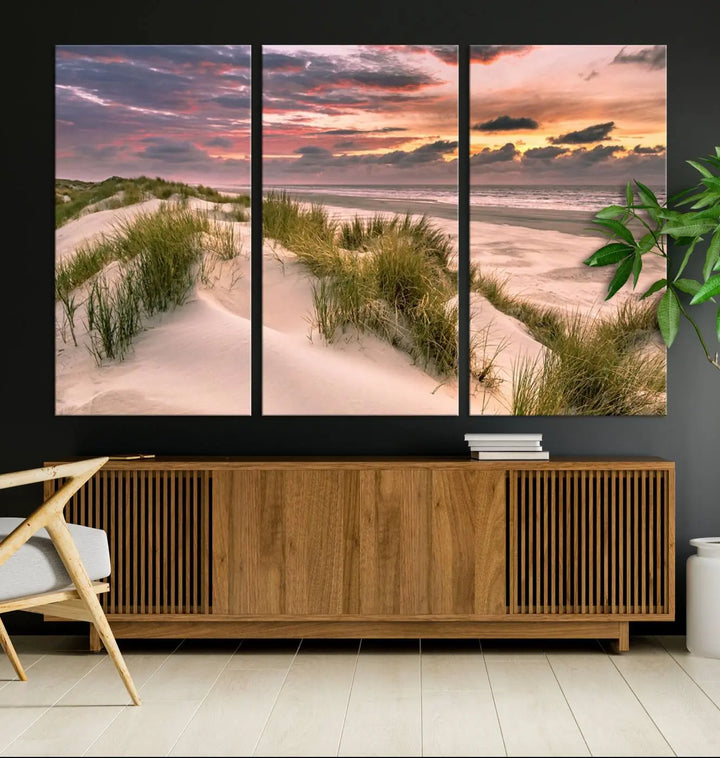 Reimagine your space with the Beach Canvas Print, a triptych featuring a serene beach sunset. Expertly crafted on museum-quality canvases, it delivers professional artistry to effortlessly transform your decor.