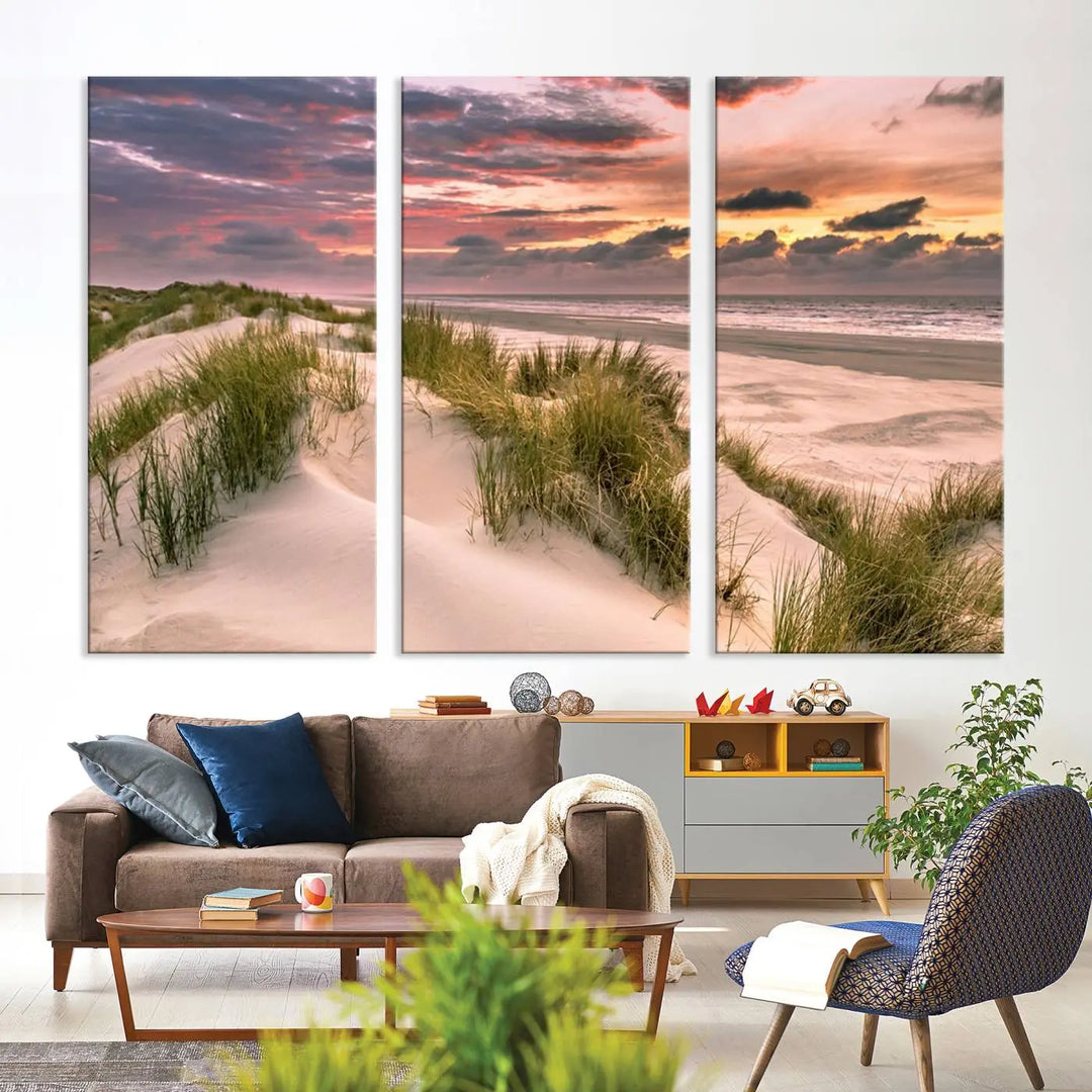 Reimagine your space with the Beach Canvas Print, a triptych featuring a serene beach sunset. Expertly crafted on museum-quality canvases, it delivers professional artistry to effortlessly transform your decor.