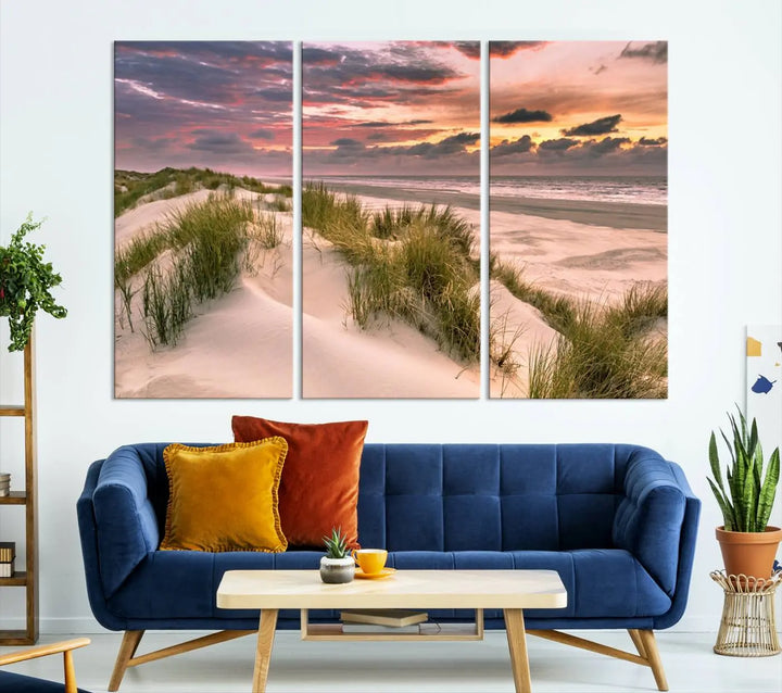 Reimagine your space with the Beach Canvas Print, a triptych featuring a serene beach sunset. Expertly crafted on museum-quality canvases, it delivers professional artistry to effortlessly transform your decor.