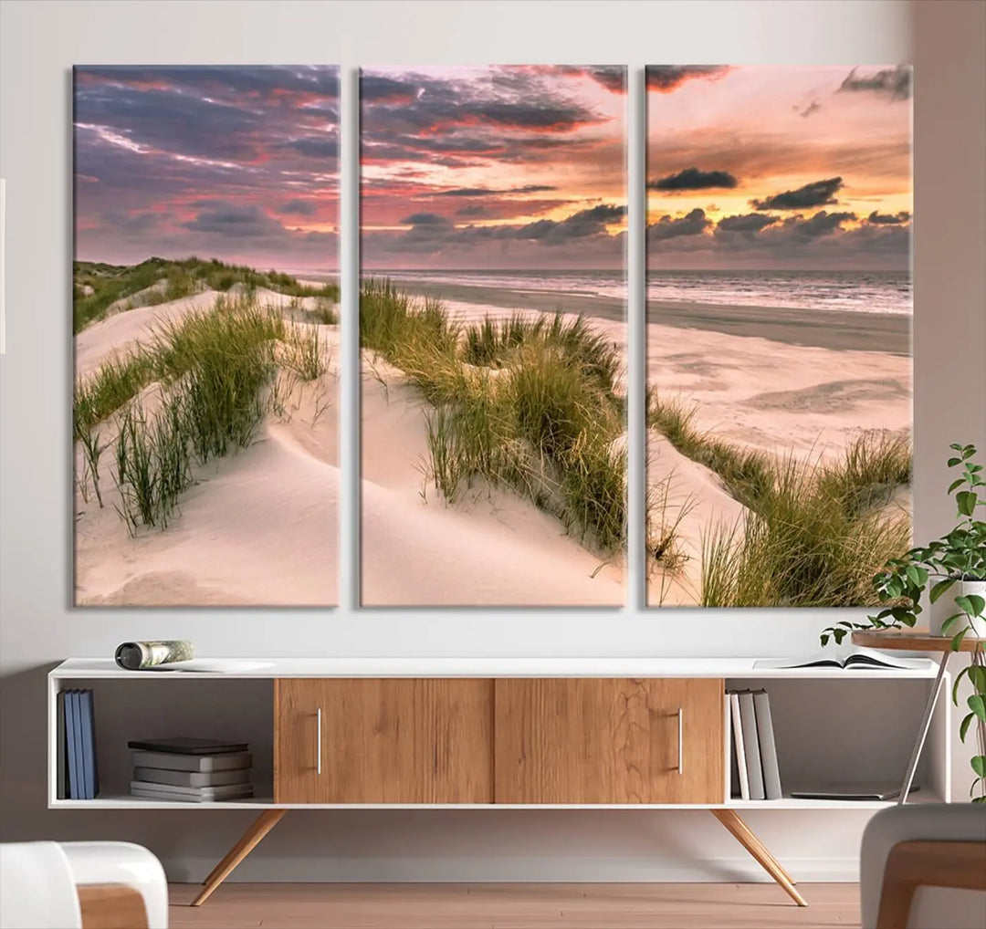 Reimagine your space with the Beach Canvas Print, a triptych featuring a serene beach sunset. Expertly crafted on museum-quality canvases, it delivers professional artistry to effortlessly transform your decor.