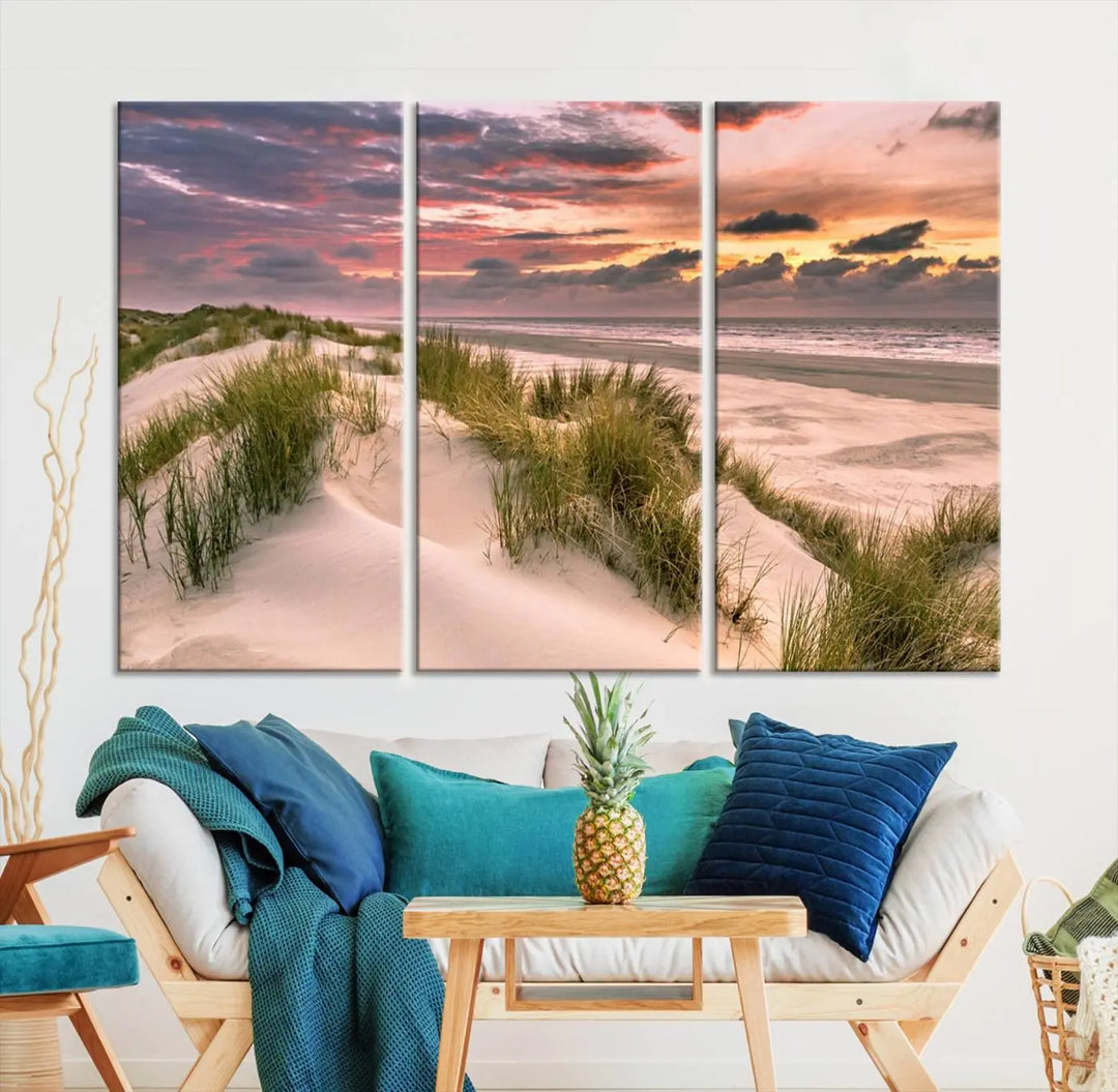 Reimagine your space with the Beach Canvas Print, a triptych featuring a serene beach sunset. Expertly crafted on museum-quality canvases, it delivers professional artistry to effortlessly transform your decor.