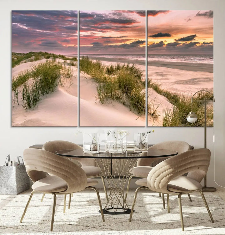 Reimagine your space with the Beach Canvas Print, a triptych featuring a serene beach sunset. Expertly crafted on museum-quality canvases, it delivers professional artistry to effortlessly transform your decor.