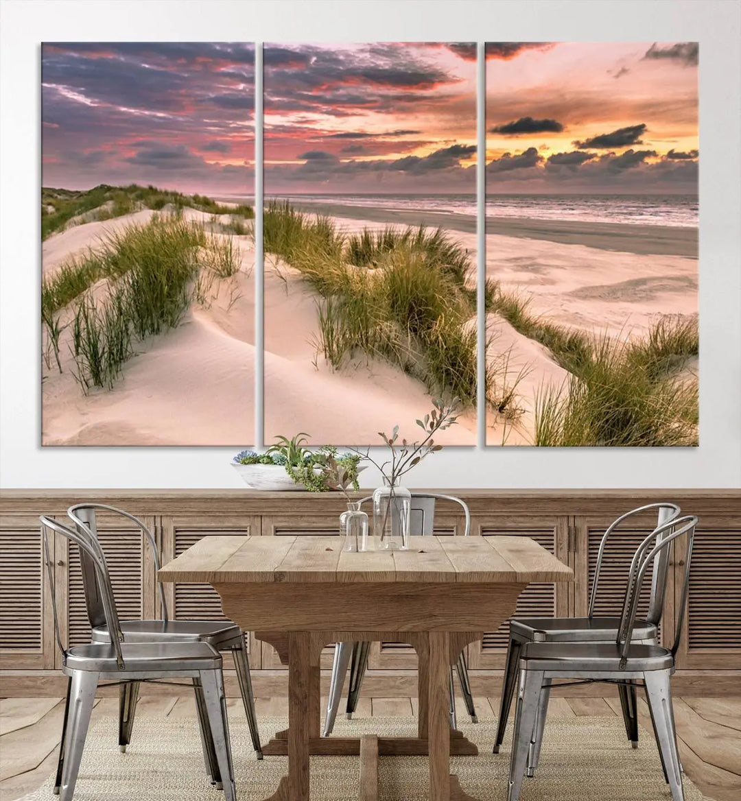 Reimagine your space with the Beach Canvas Print, a triptych featuring a serene beach sunset. Expertly crafted on museum-quality canvases, it delivers professional artistry to effortlessly transform your decor.