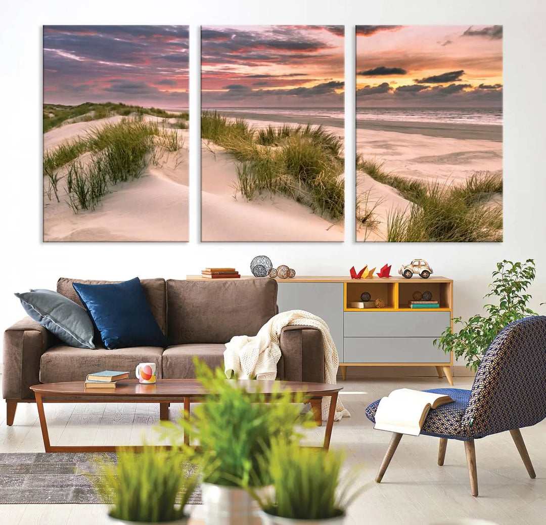 Reimagine your space with the Beach Canvas Print, a triptych featuring a serene beach sunset. Expertly crafted on museum-quality canvases, it delivers professional artistry to effortlessly transform your decor.