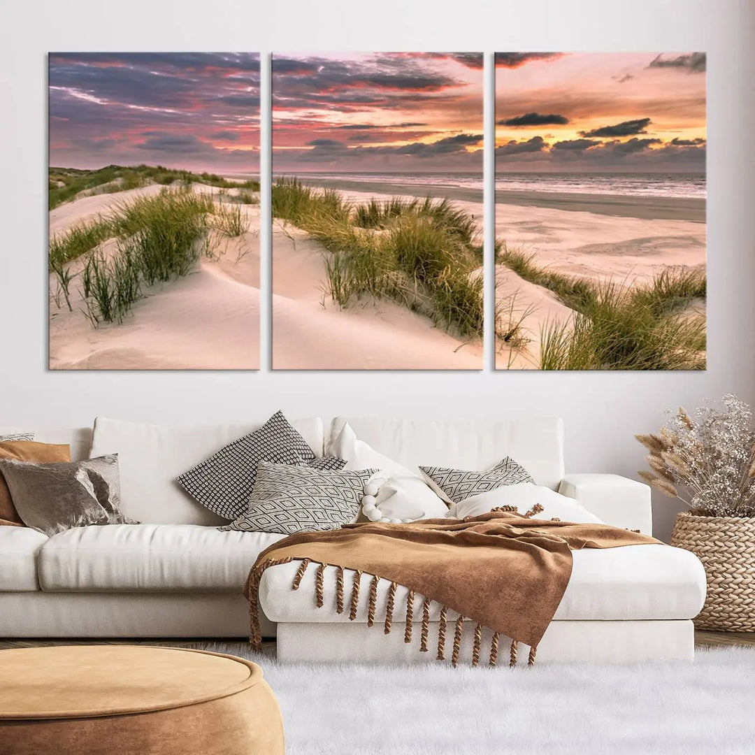 Reimagine your space with the Beach Canvas Print, a triptych featuring a serene beach sunset. Expertly crafted on museum-quality canvases, it delivers professional artistry to effortlessly transform your decor.