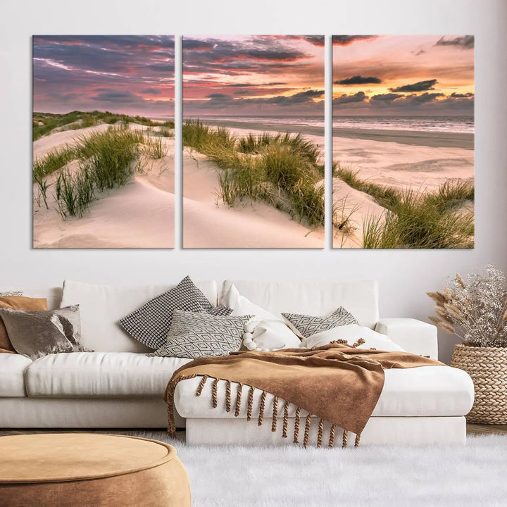 Reimagine your space with the Beach Canvas Print, a triptych featuring a serene beach sunset. Expertly crafted on museum-quality canvases, it delivers professional artistry to effortlessly transform your decor.