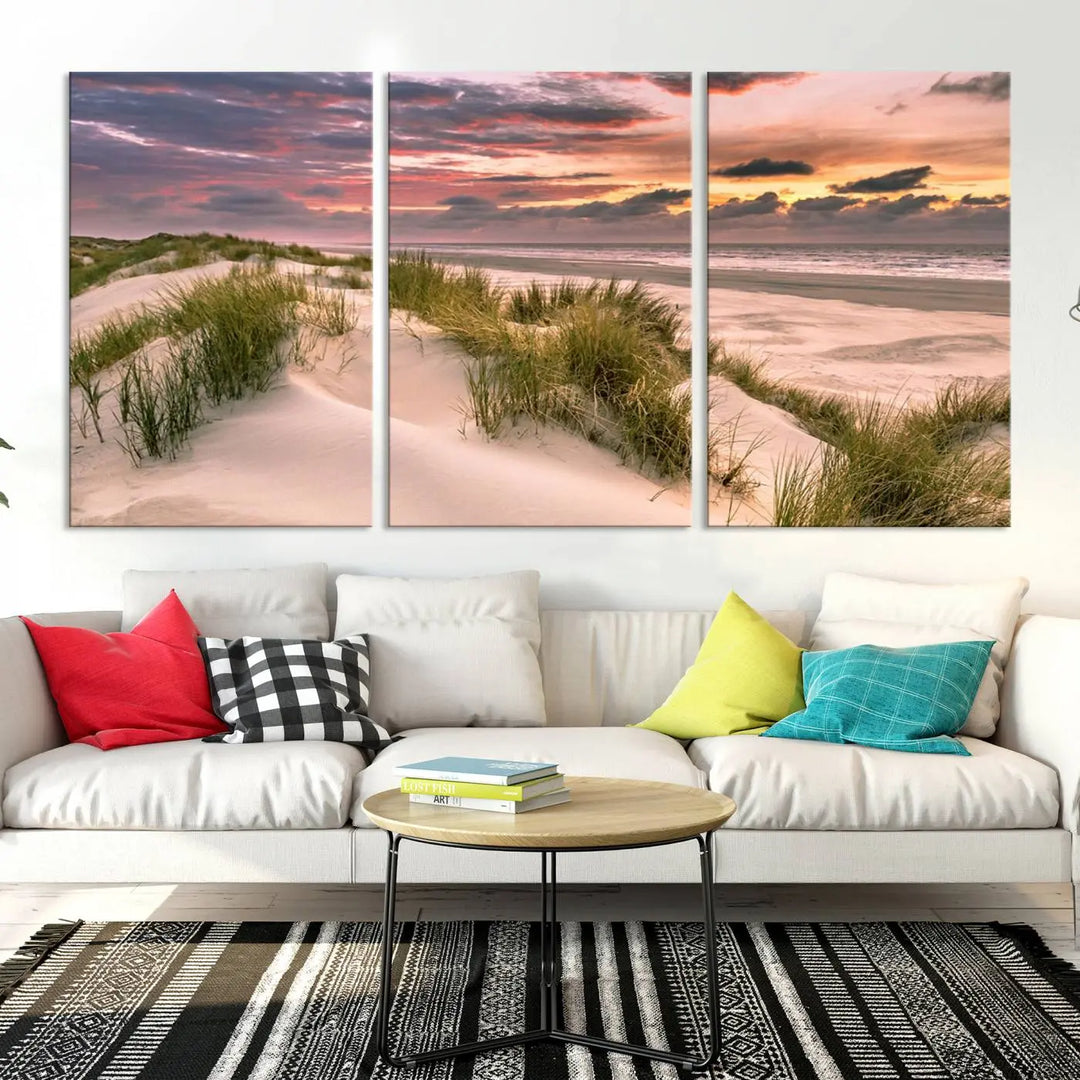 Reimagine your space with the Beach Canvas Print, a triptych featuring a serene beach sunset. Expertly crafted on museum-quality canvases, it delivers professional artistry to effortlessly transform your decor.