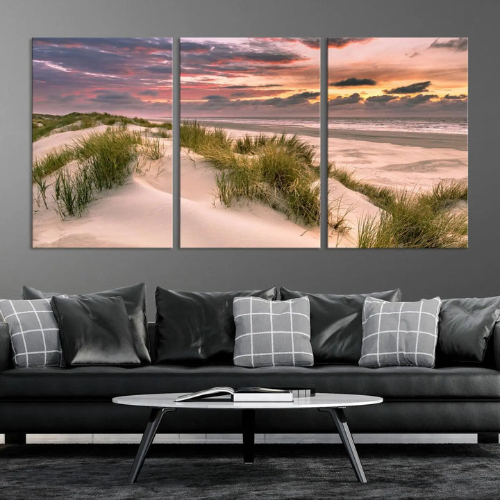 Reimagine your space with the Beach Canvas Print, a triptych featuring a serene beach sunset. Expertly crafted on museum-quality canvases, it delivers professional artistry to effortlessly transform your decor.