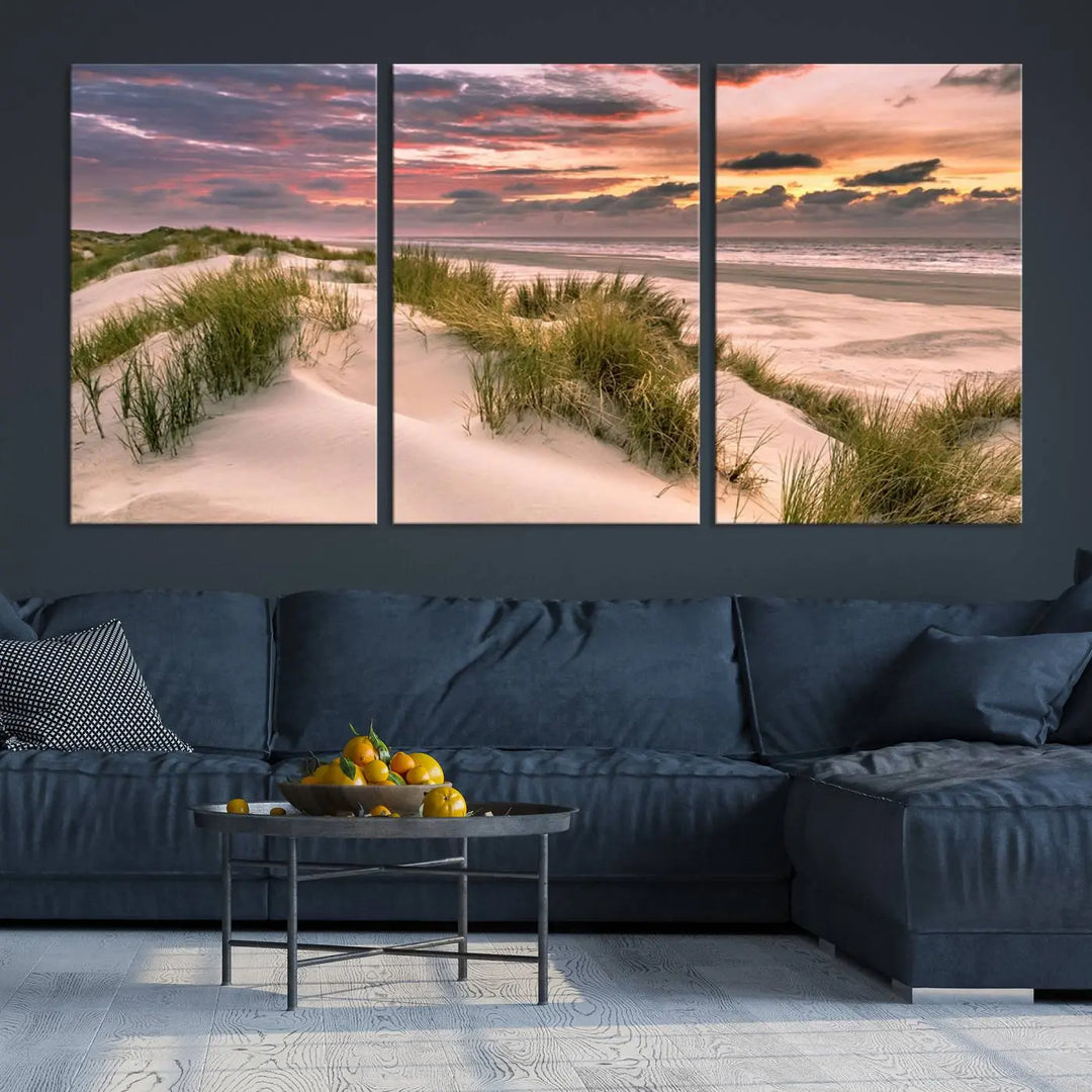 Reimagine your space with the Beach Canvas Print, a triptych featuring a serene beach sunset. Expertly crafted on museum-quality canvases, it delivers professional artistry to effortlessly transform your decor.