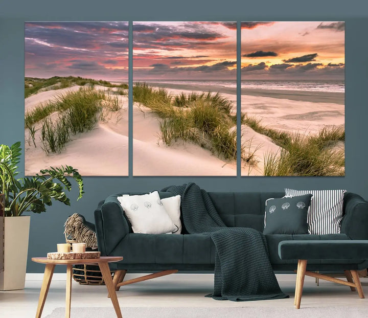 Reimagine your space with the Beach Canvas Print, a triptych featuring a serene beach sunset. Expertly crafted on museum-quality canvases, it delivers professional artistry to effortlessly transform your decor.