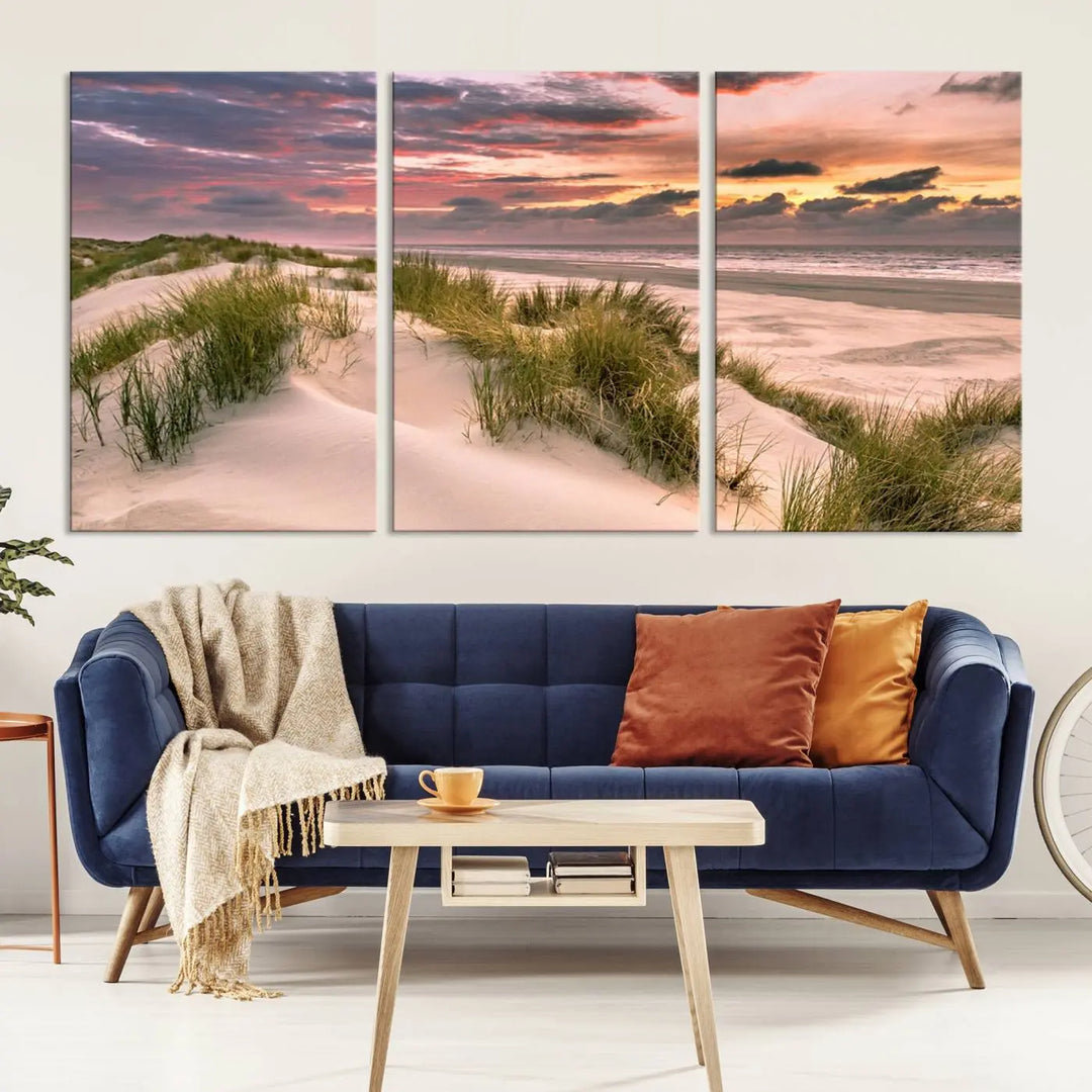 Reimagine your space with the Beach Canvas Print, a triptych featuring a serene beach sunset. Expertly crafted on museum-quality canvases, it delivers professional artistry to effortlessly transform your decor.