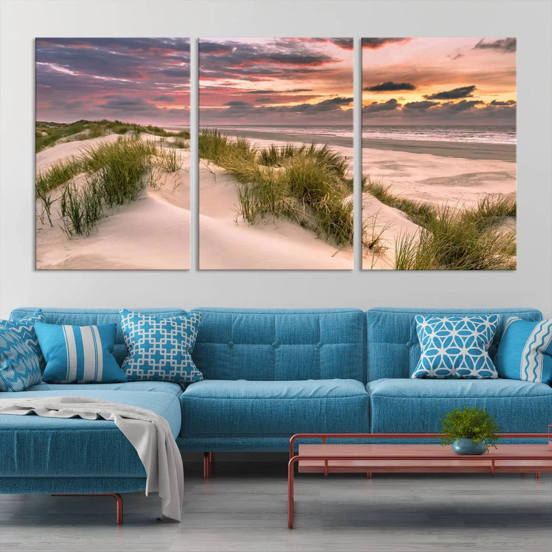 Reimagine your space with the Beach Canvas Print, a triptych featuring a serene beach sunset. Expertly crafted on museum-quality canvases, it delivers professional artistry to effortlessly transform your decor.